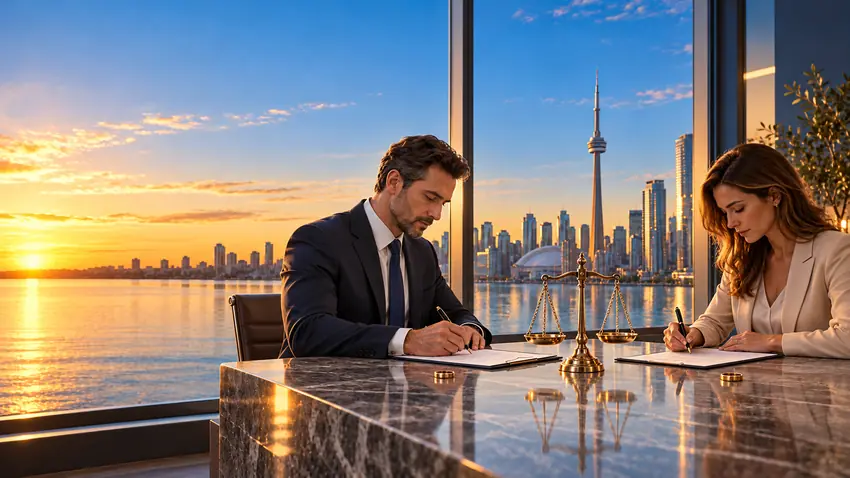 Two people signing documents at a conference table with scales of justice between them and the Toronto skyline and CN Tower at sunset in the background