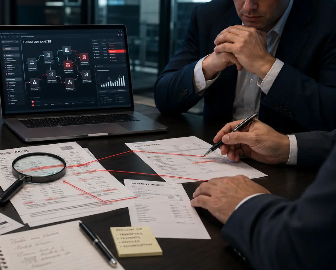 Toronto fraud charge lawyer reviewing bank statements, invoices, and a funds-flow analysis while building a defence