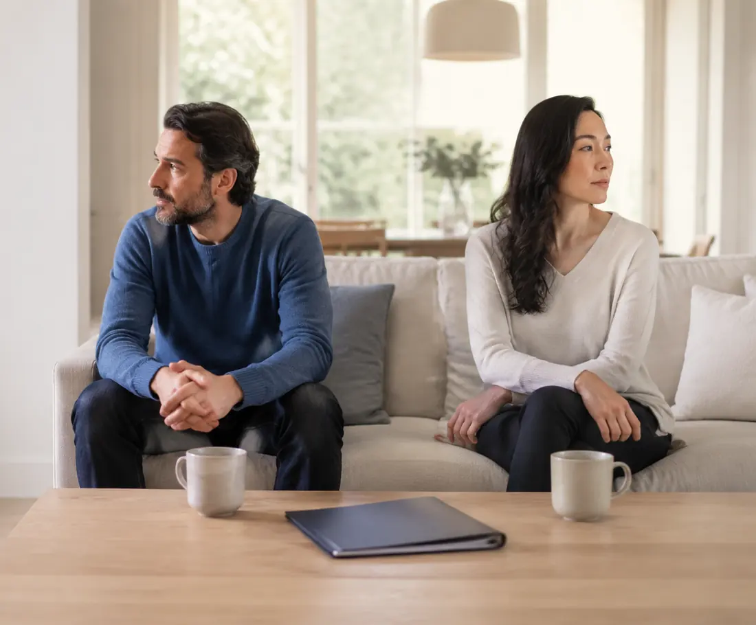 A couple sitting apart on a living room sofa, looking away from each other while deciding to separate